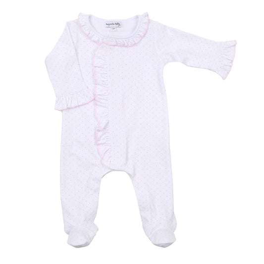 Magnolia Baby Mini Dots Ruffle Front Footie in Pink